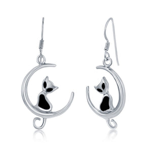 Crescent Moon and Black Cat Earrings