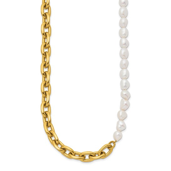 Baroque Pearl and Stainless Steel Half-N-Half Chain