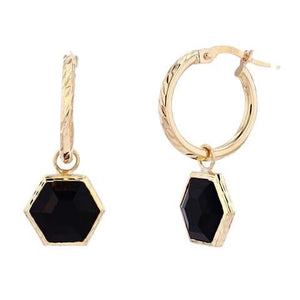 Hexagon Black Onyx Charmed Gold Hoop Earrings
