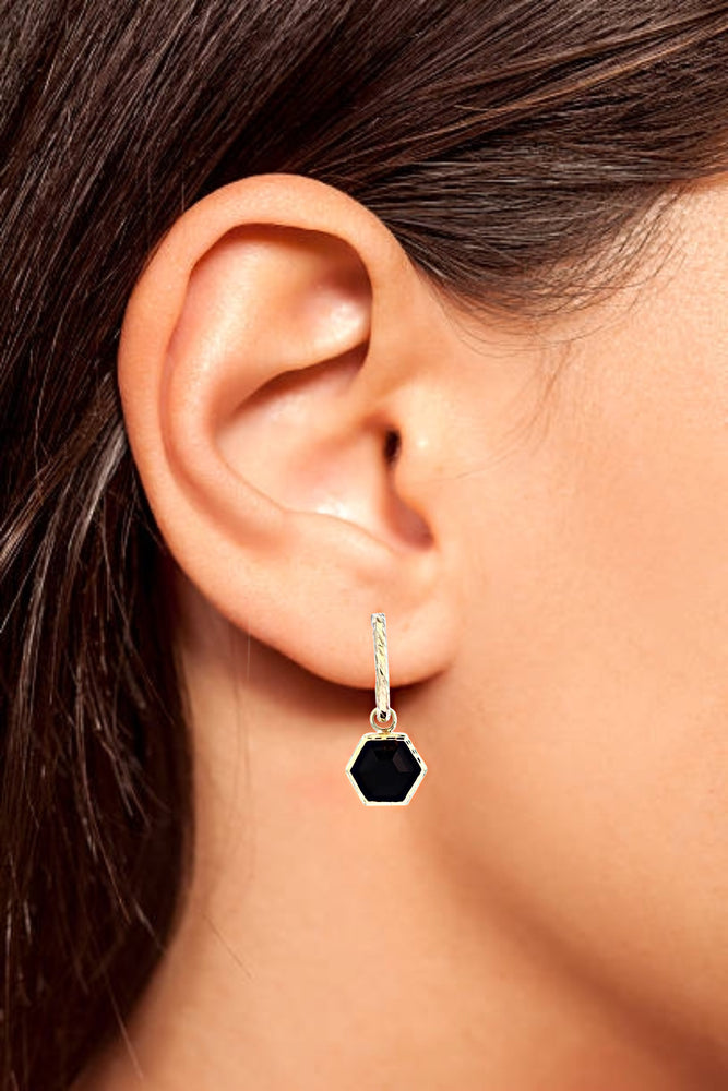 Hexagon Black Onyx Charmed Gold Hoop Earrings