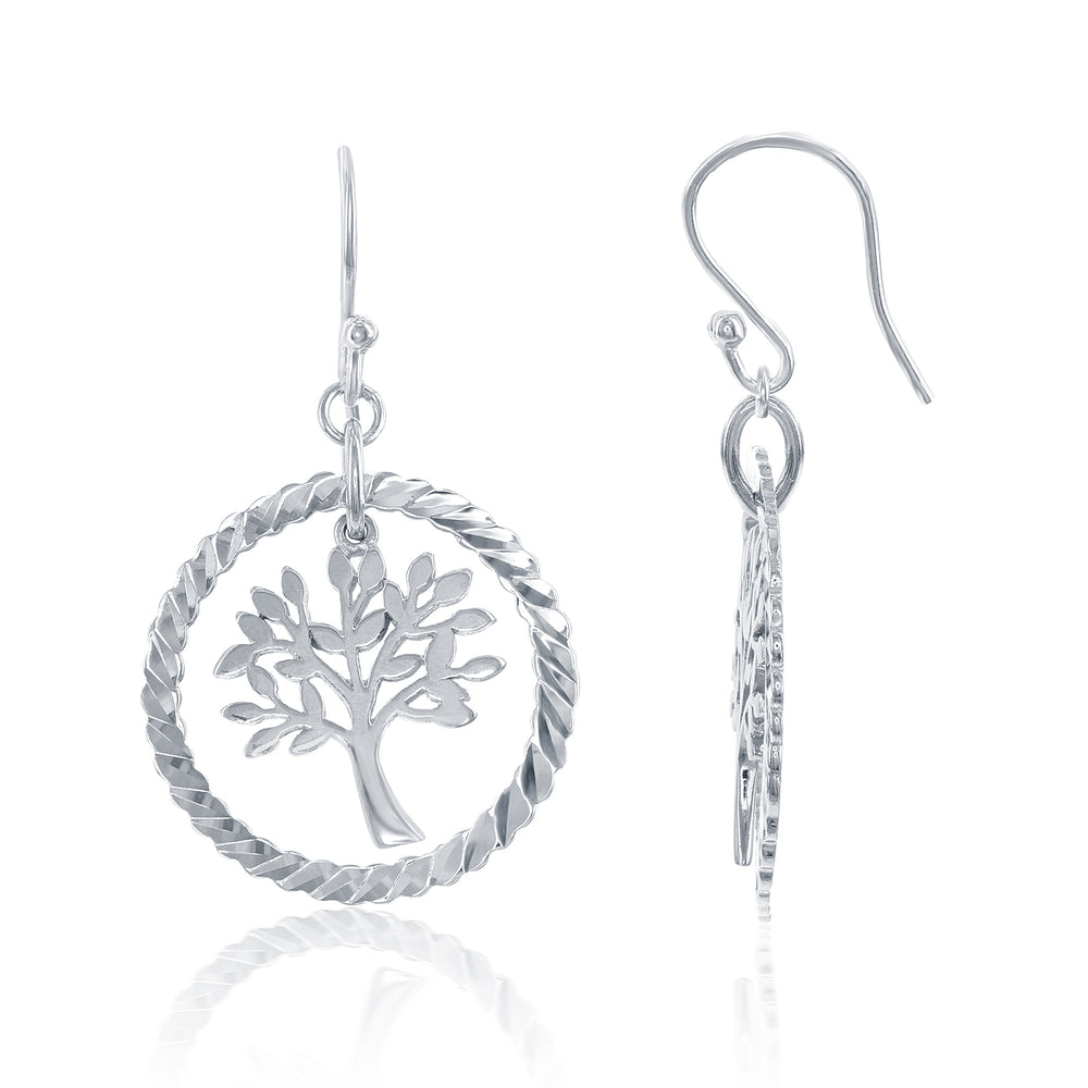 Sterling Silver Open Circle with Center Hanging Tree Of Life Earrings