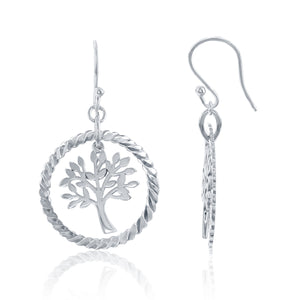 Sterling Silver Open Circle with Center Hanging Tree Of Life Earrings
