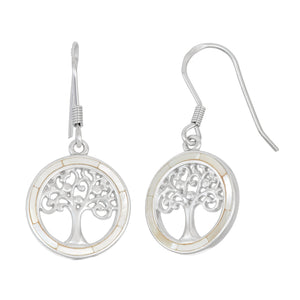 Sterling Silver Round White MOP with Center Tree of Life Earrings