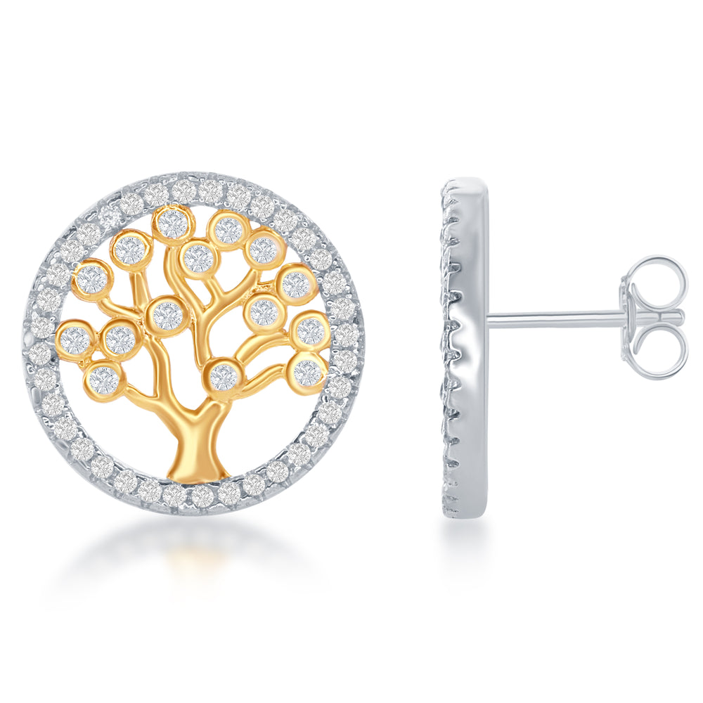 Sterling Silver Yellow Gold Overlay CZ Tree Of Life Earrings