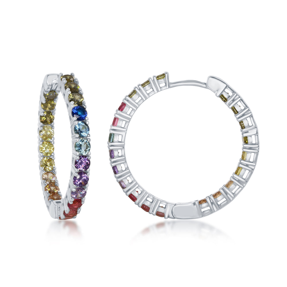 Sterling Silver In-and-Out Rainbow CZ 3x30mm Hoop Earrings