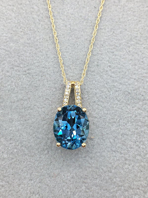 10K Yellow Gold Oval Shape London Blue Topaz & Diamond Necklace