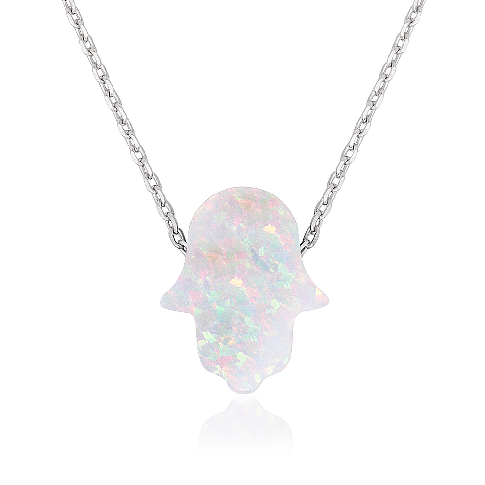 Sterling Silver Small White Opal Hamsa Necklace