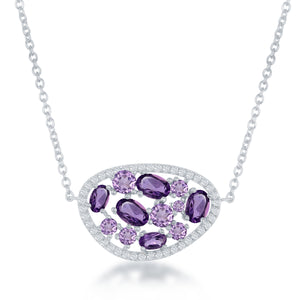 Sterling Silver Multi Shaped Amethyst with White Topaz Border Necklace