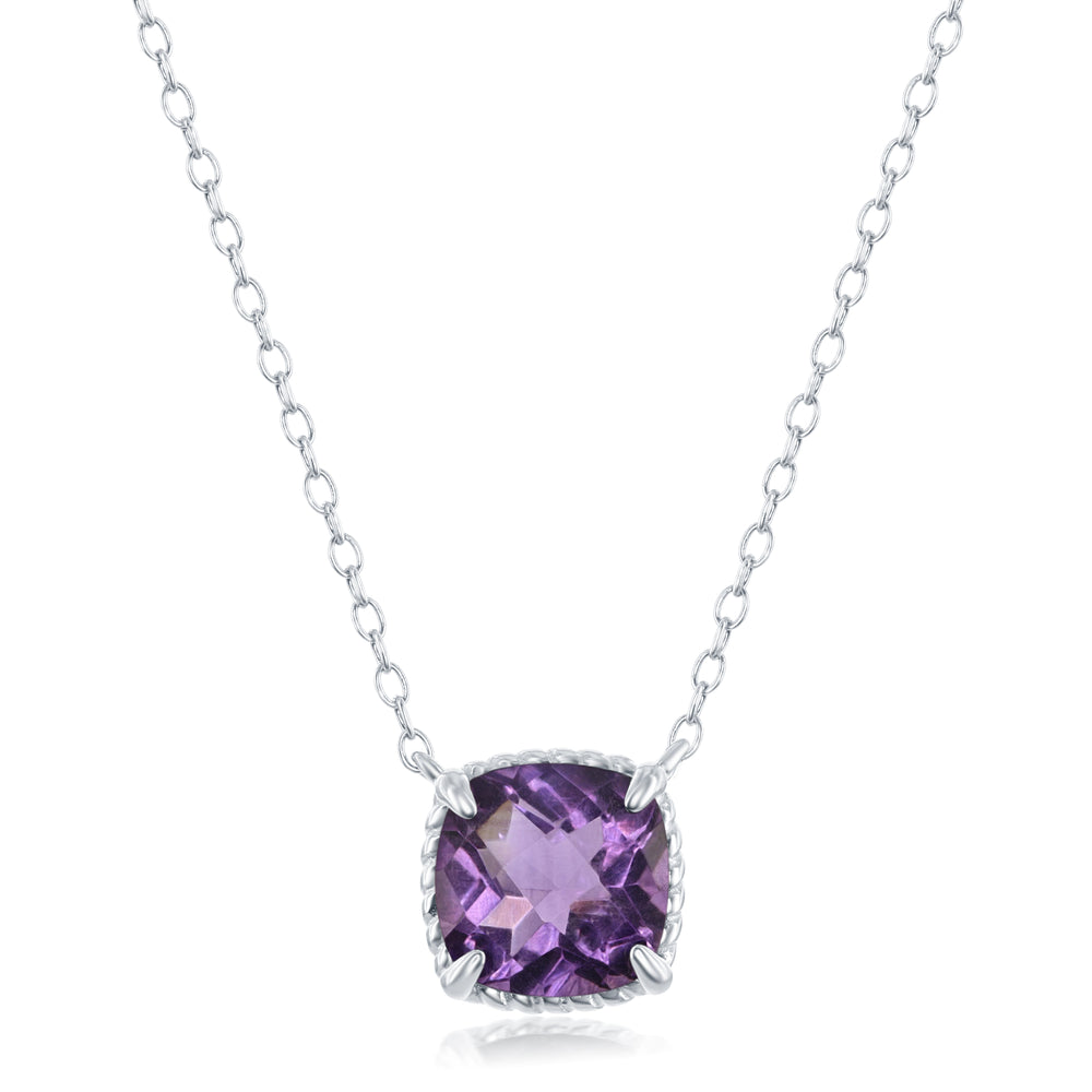 Sterling Silver Cushion/Square Amethyst with Rope Design Border Necklace