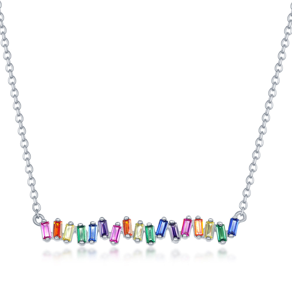 Sterling Silver Rainbow Baguette CZ Bar Necklace
