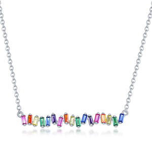 Sterling Silver Rainbow Baguette CZ Bar Necklace