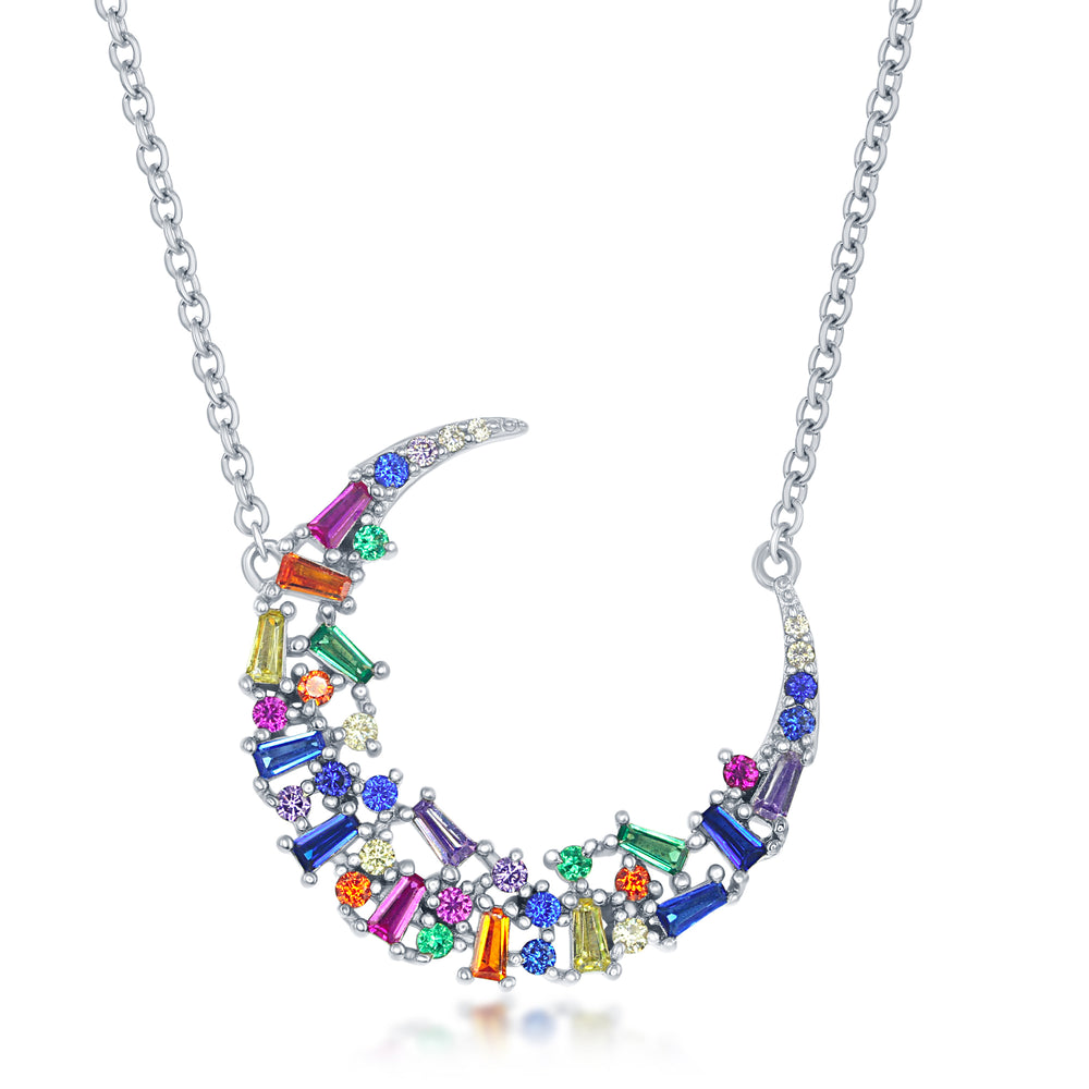 Sterling Silver Rainbow Baguette & Round CZ Crescent Moon Necklace