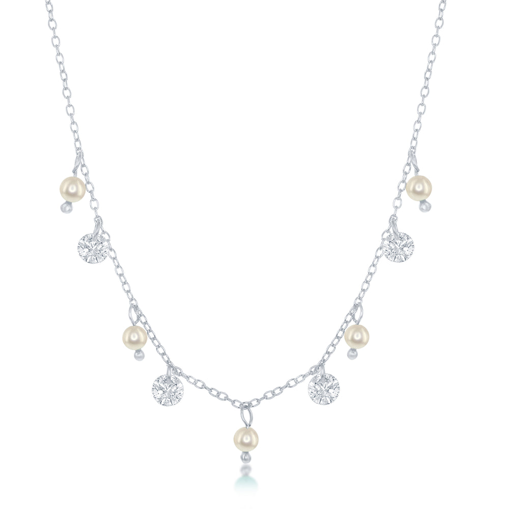 Sterling Silver Alternating Freshwater Pearl and CZ Necklace
