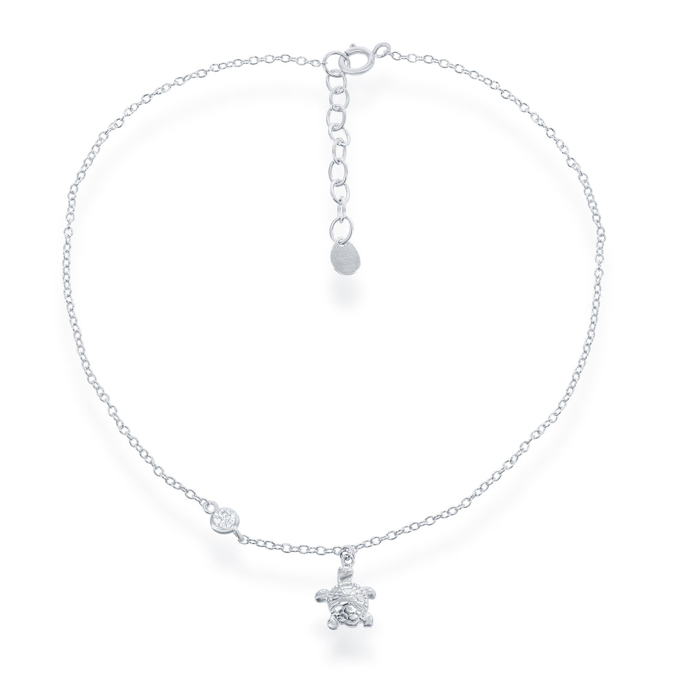 Sterling Silver Turtle charm with CZ Anklet