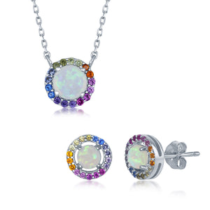 Sterling Silver Round White Opal Rainbow CZ Necklace and Earrings Set