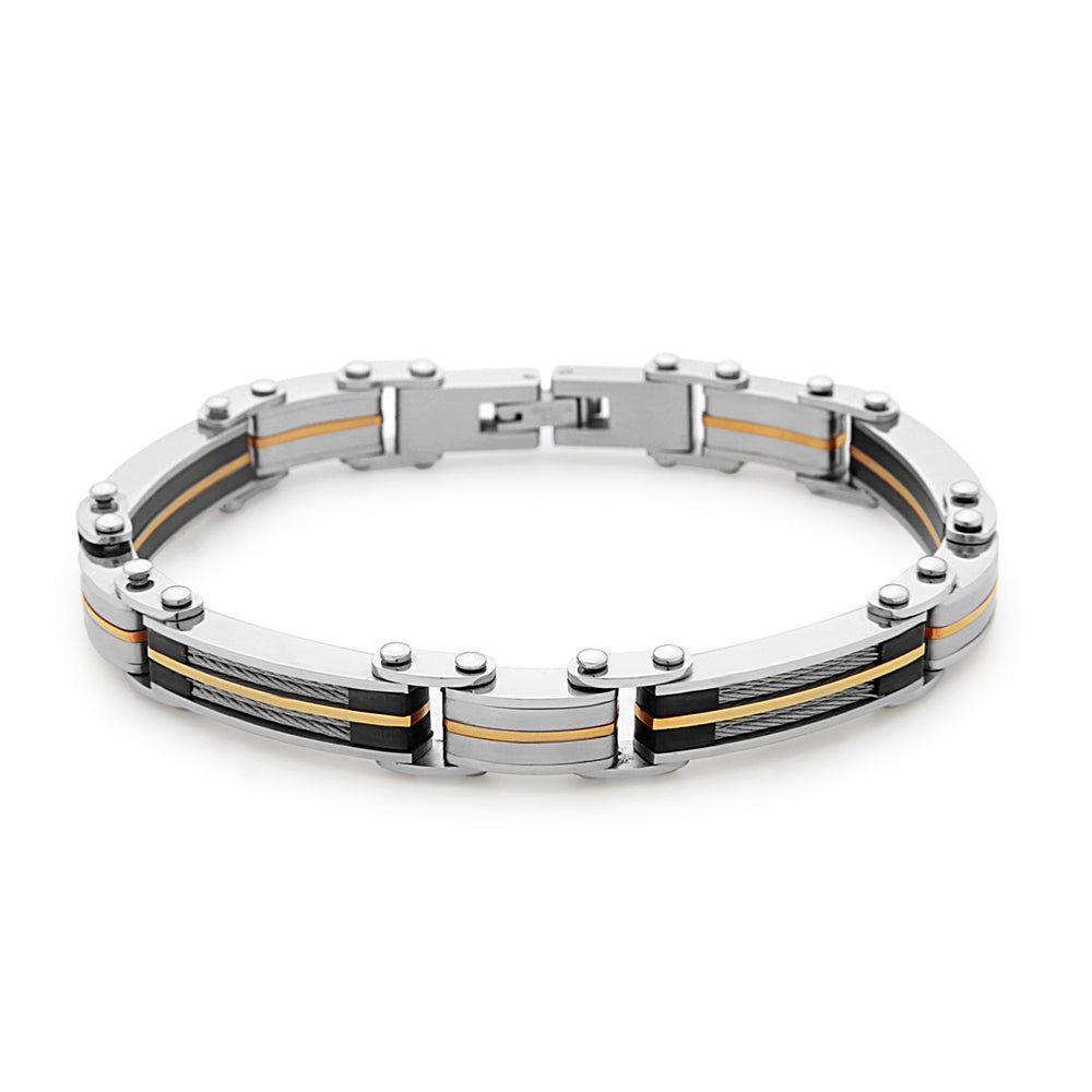 Stainless Steel Cable and Gold Overlay Links Bracelet