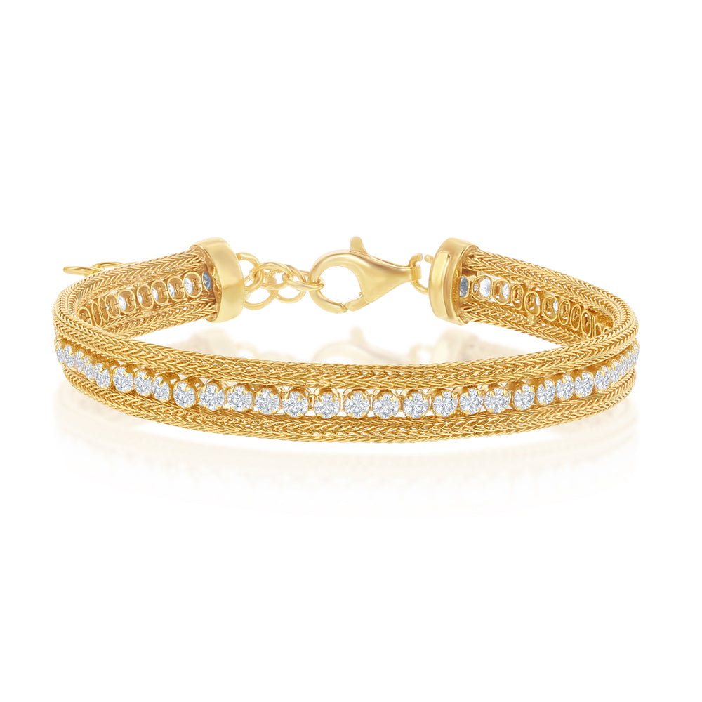 Sterling Silver Yellow Gold OverlayCZ Row with Double Mesh Bracelet