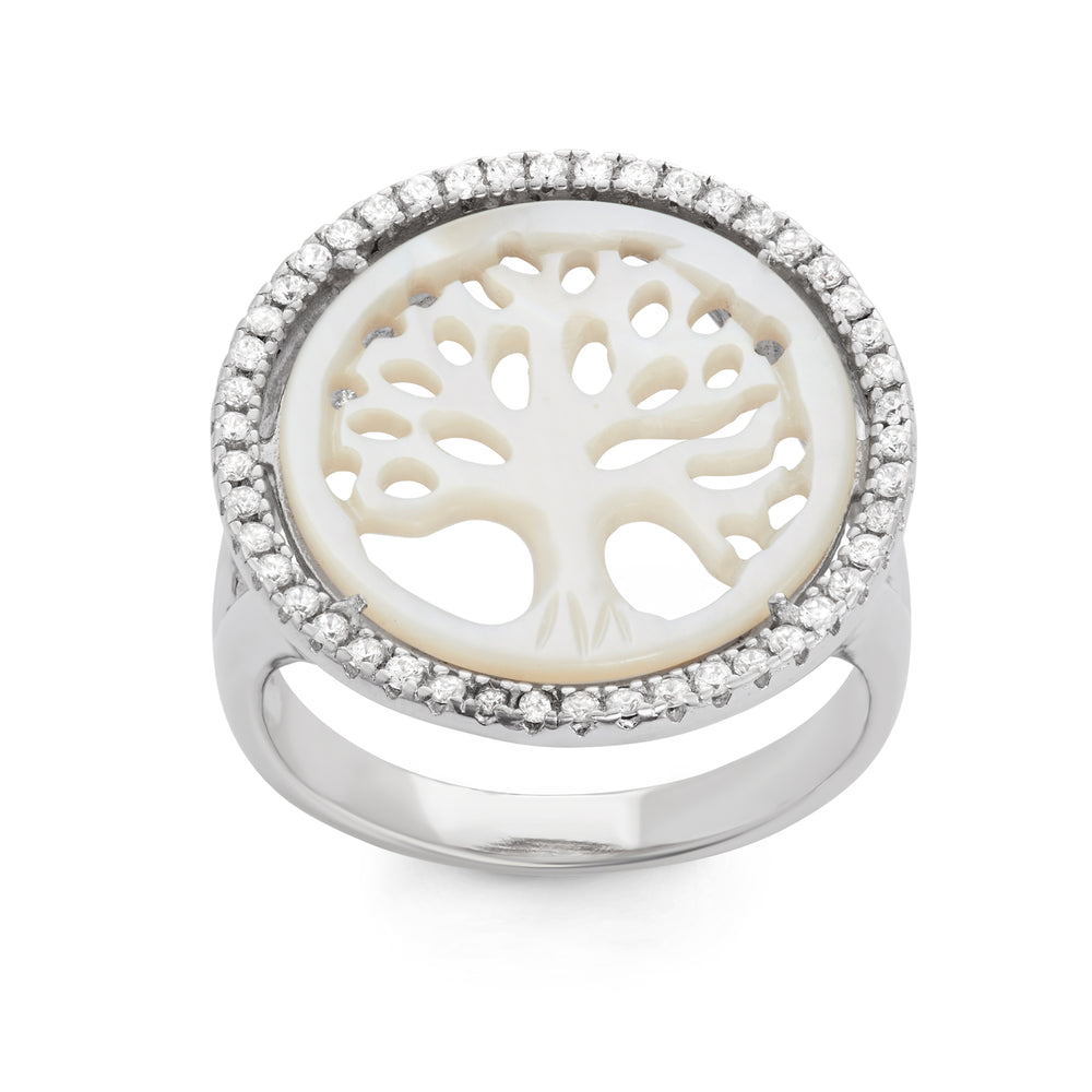 Sterling Silver Round Cut Out MOP Tree of Life With CZ Border Ring