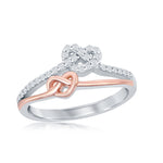 Sterling Silver Two-Tone Rose Gold Overlay Love Knot Heart Micro Pave Ring