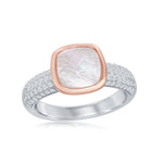 Sterling Silver Rose Gold Overlay Square Mother of Pearl Micro Pave Band Ring