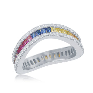 Sterling Silver Rainbow Baguette CZ with Clear CZ Border Wavy Ring