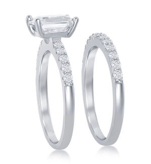 Sterling Silver Princess Cut Engagement Ring Set