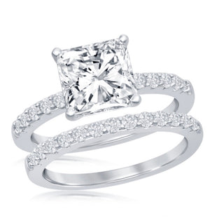 Sterling Silver Princess Cut Engagement Ring Set