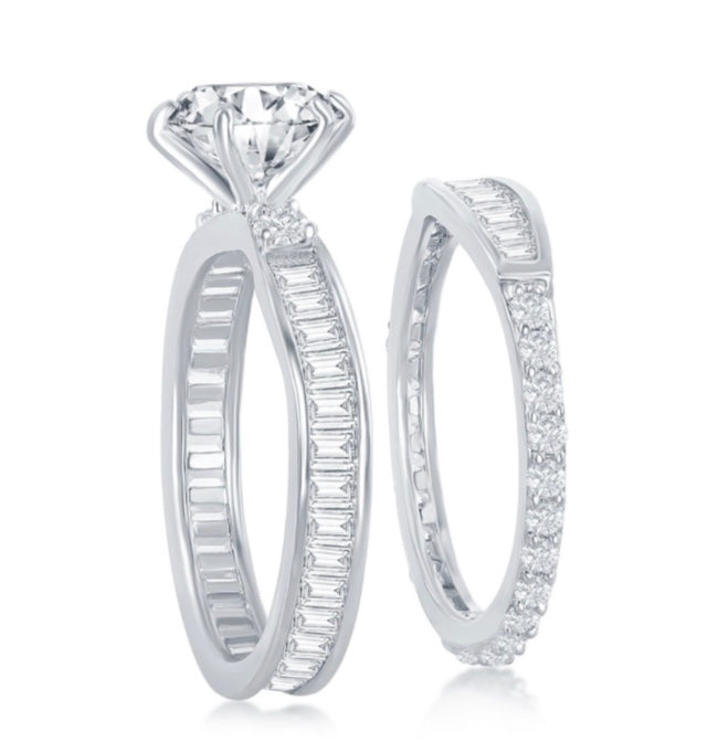Sterling Silver Round Center Eternity Style Engagement Ring Set