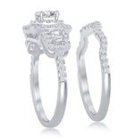 Sterling Silver Round Double Halo Engagement Ring Set