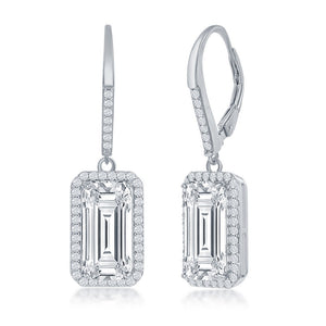 Sterling Silver Emerald Cut CZ with Halo Earrings