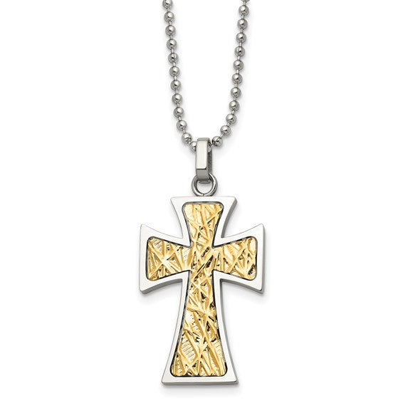 Stainless Steel and 14K Gold Accented Cross Necklace