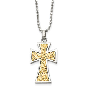 Stainless Steel and 14K Gold Inlay Cross Necklace