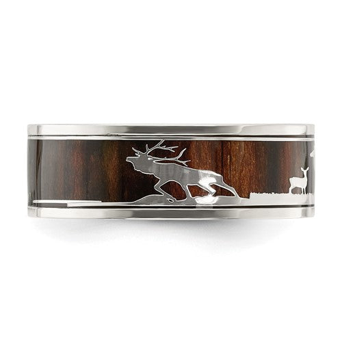 Stainless Steel Deer Scene Wood Inlay Ring