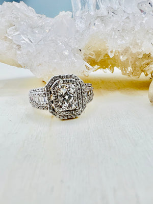 Emerald Shape Double Halo Diamond Cluster Engagement Ring