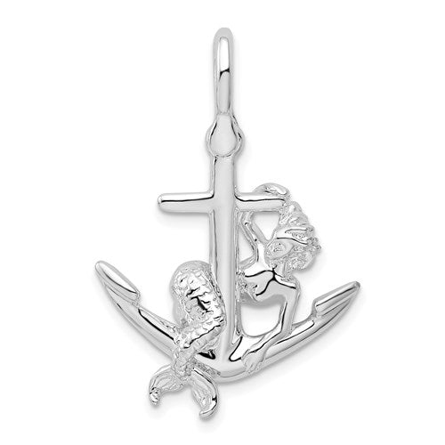 Sterling Silver Polished 3D Anchor With Mermaid Pendant